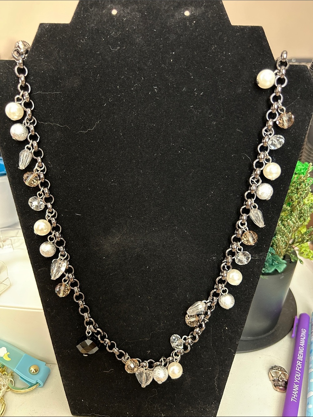 Crystal and faux Pearl Charm Necklace - Black and Clear